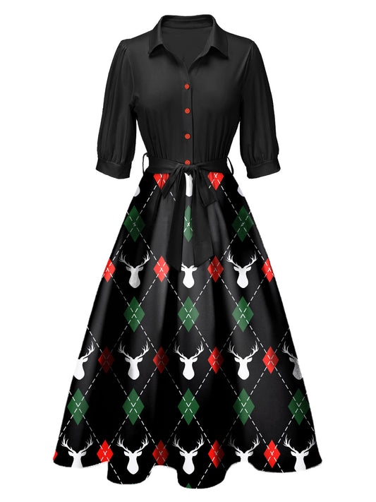 1940er Schwarzes Kleid mit Revers und Gürtel mit Weihnachtsmotiven