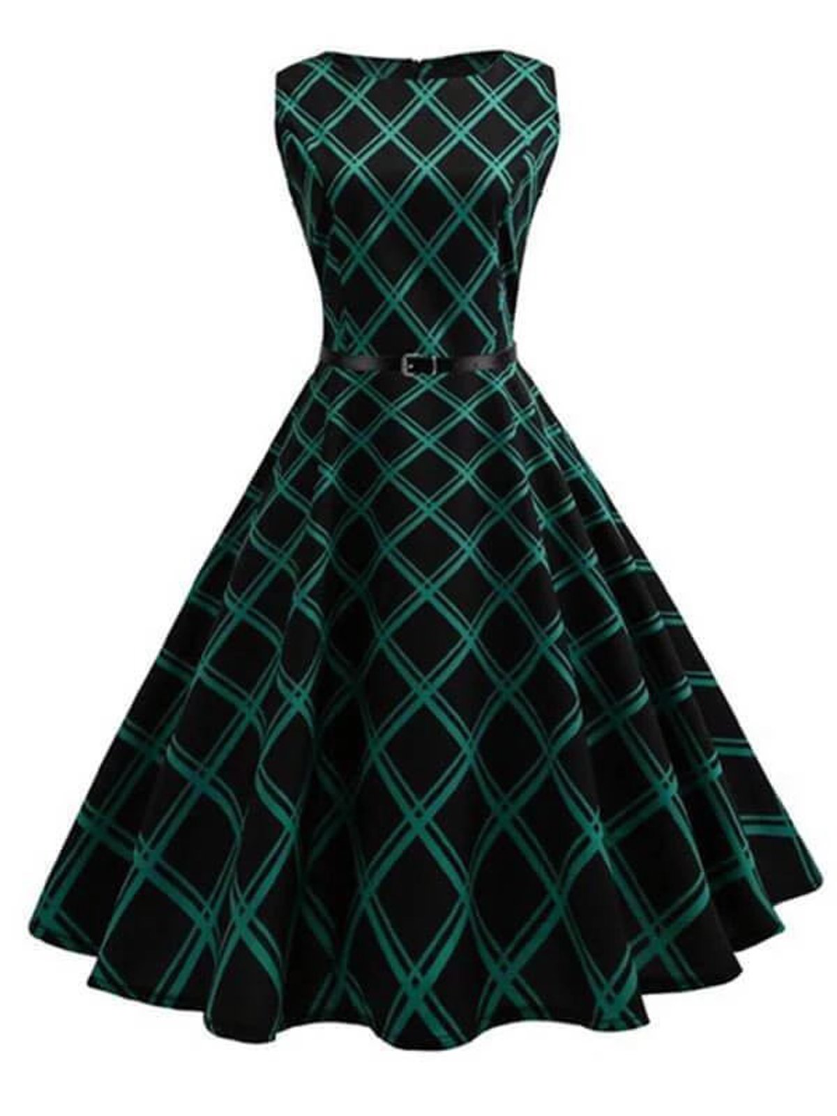 Schwarz & Grün 1950er Kariertes Swing Kleid