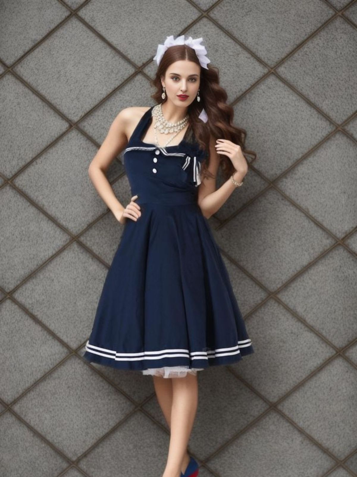 MARINEBLAU 1950ER NECKHOLDER ROCKABILLY KLEID