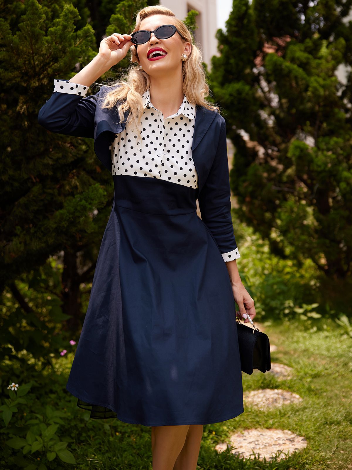 2PCS 1950ER MARINEBLAU DOT PATCHWORK SWING KLEID