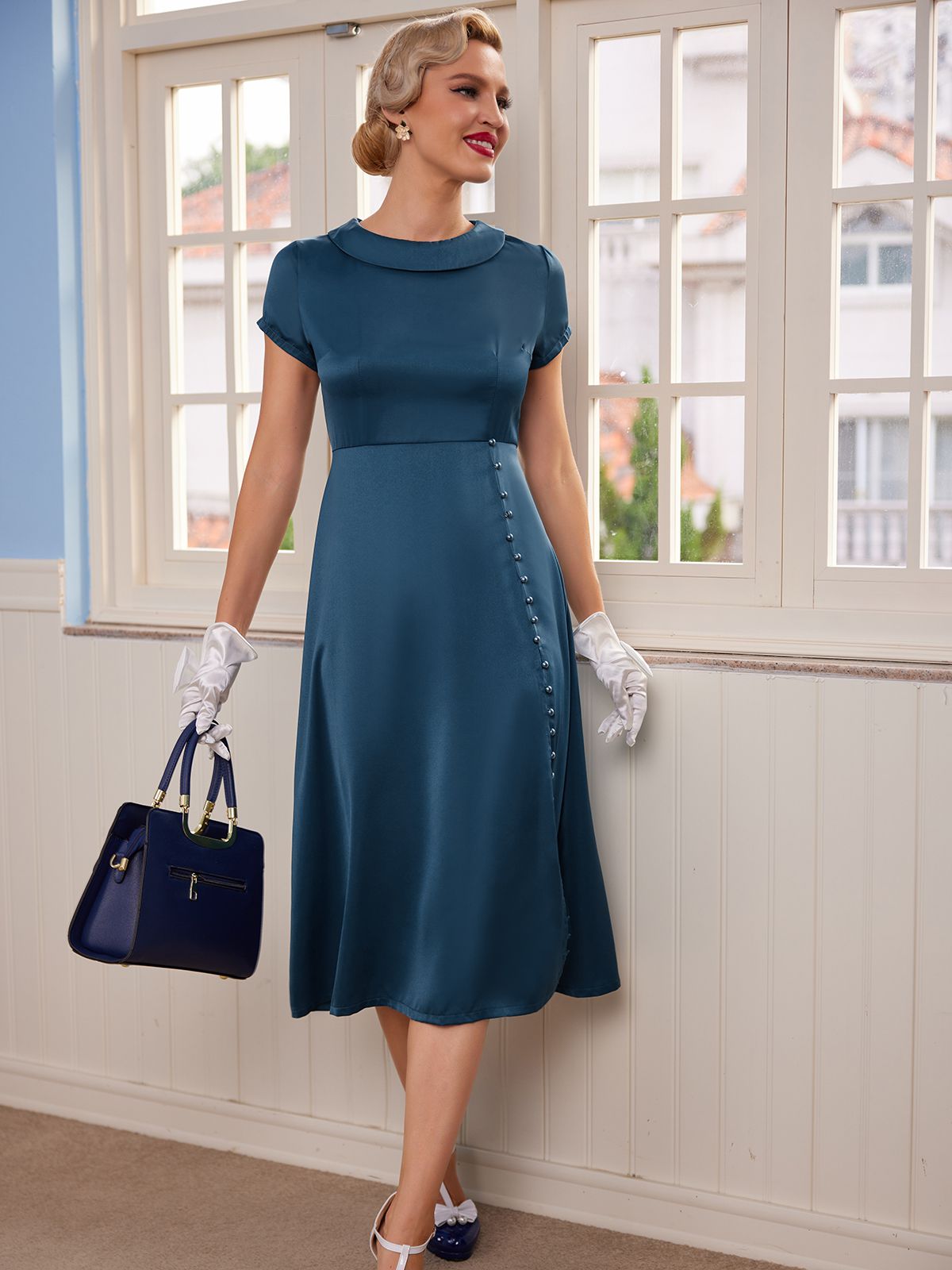 BLAU VINTAGE KURZARM SWING KLEID