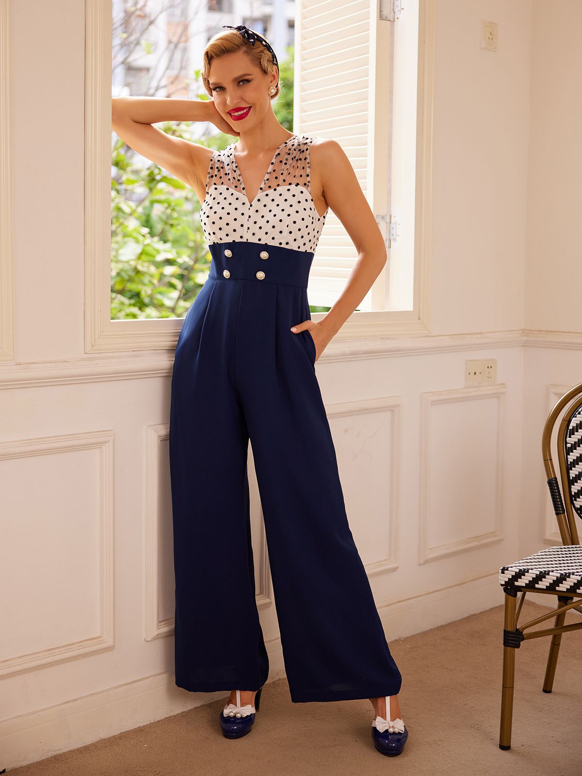 Rot 1930er Polka Dots Patchwork Jumpsuit