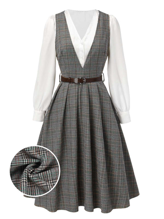 2PCS Grau 1940er V-Ausschnitt Plaid Kleid & Satin Bluse