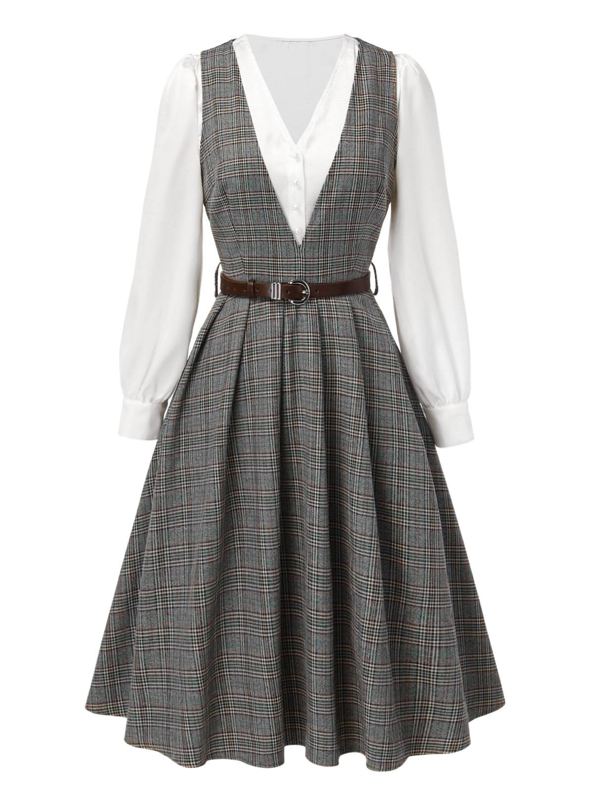 2PCS Grau 1940er V-Ausschnitt Plaid Kleid & Satin Bluse