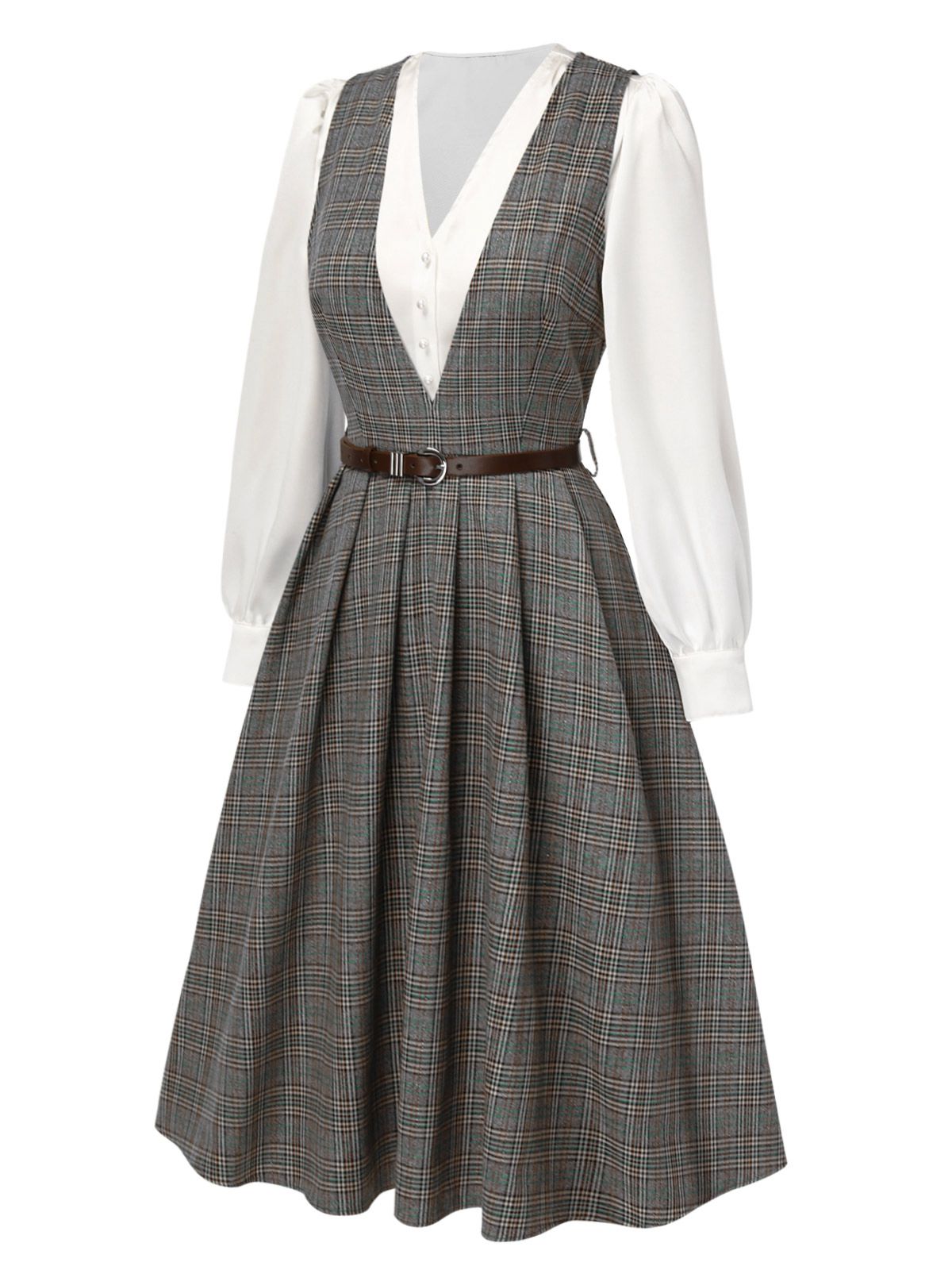 2PCS Grau 1940er V-Ausschnitt Plaid Kleid & Satin Bluse