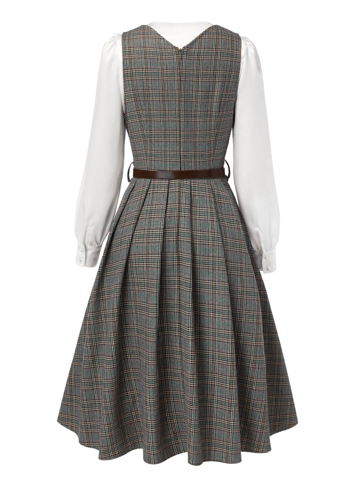 2PCS Grau 1940er V-Ausschnitt Plaid Kleid & Satin Bluse