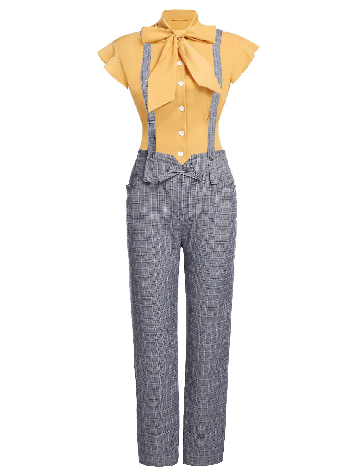 2PCS GRAU VINTAGE PLAID JUMPSUIT