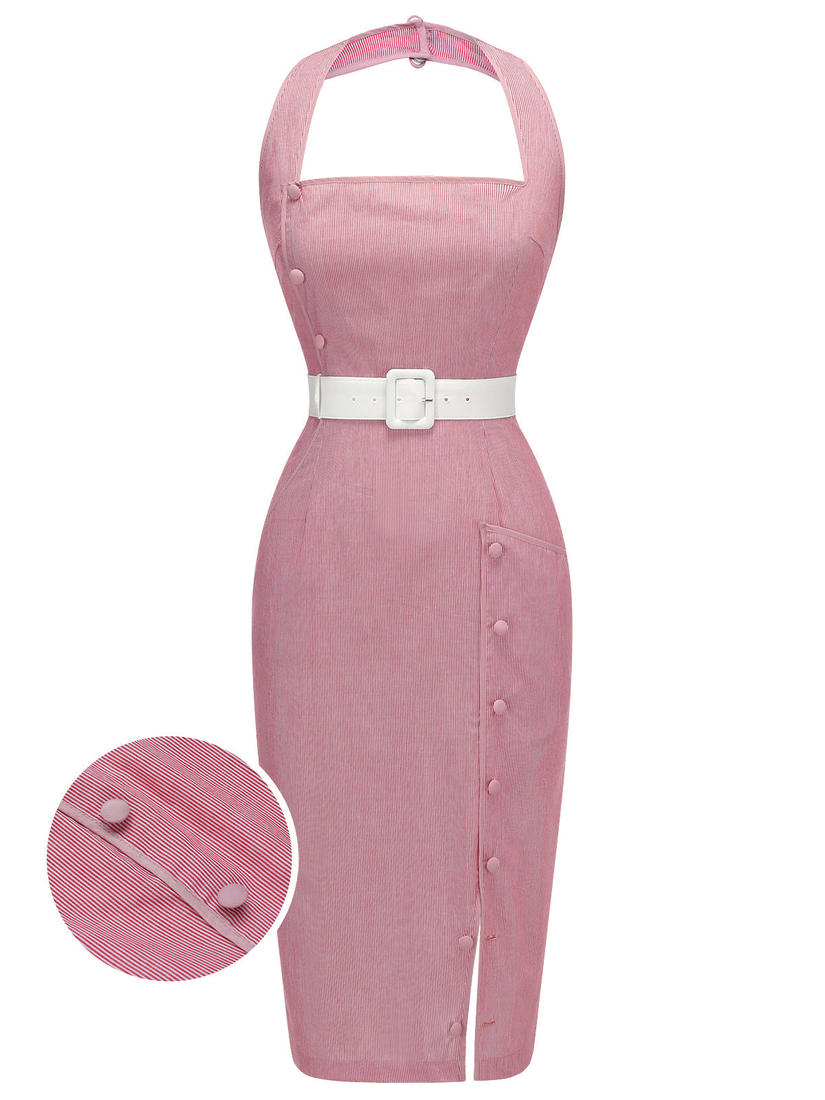 Rosa 1960er Halter Streifen Belted Bodycon Kleid