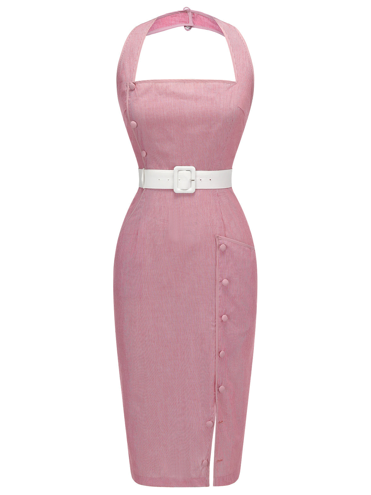 Rosa 1960er Halter Streifen Belted Bodycon Kleid