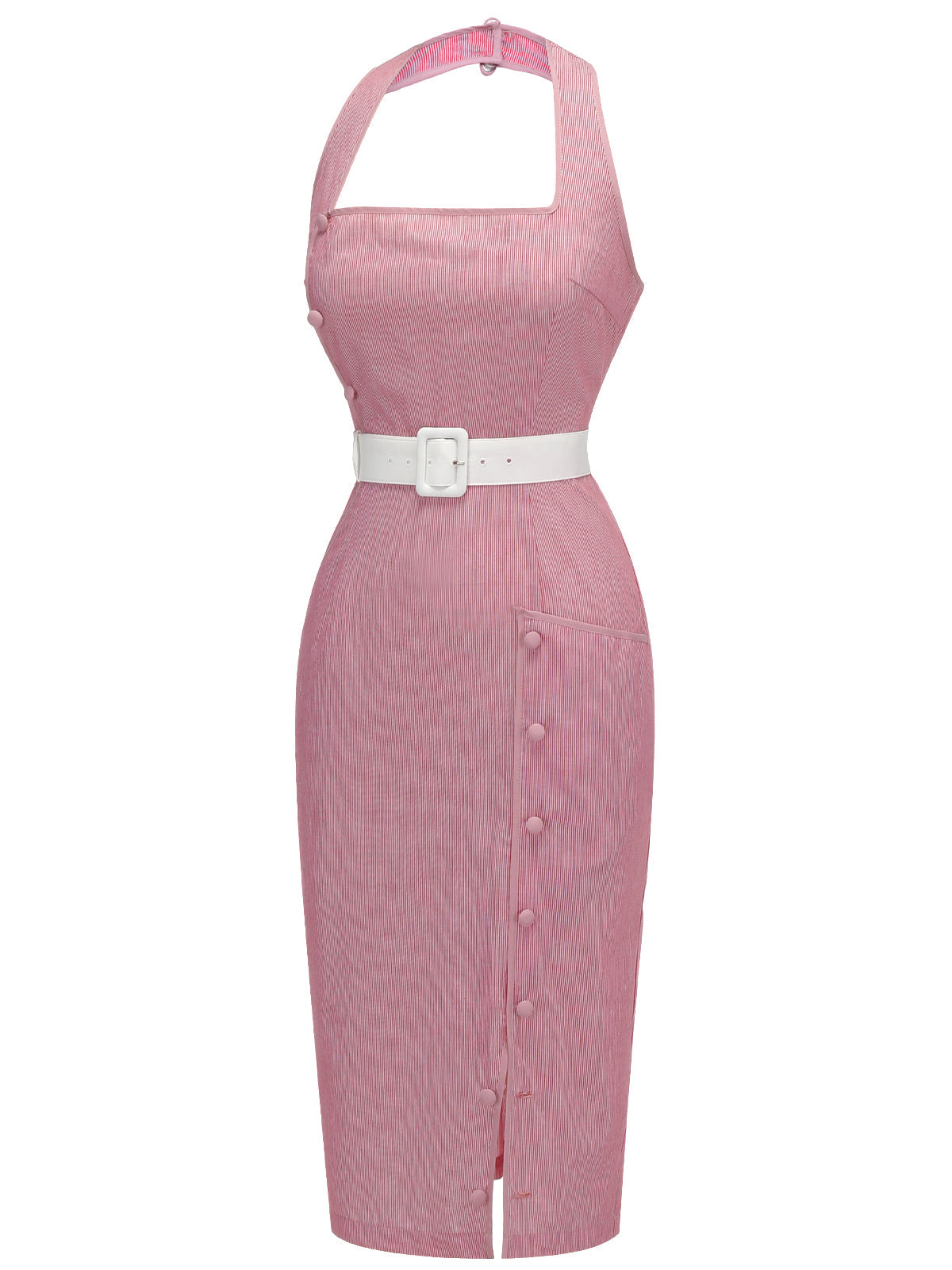 Rosa 1960er Halter Streifen Belted Bodycon Kleid