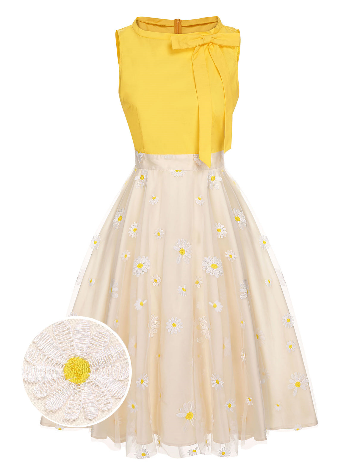 Gelbes 1950er Daisy Bowtie Patchwork Kleid