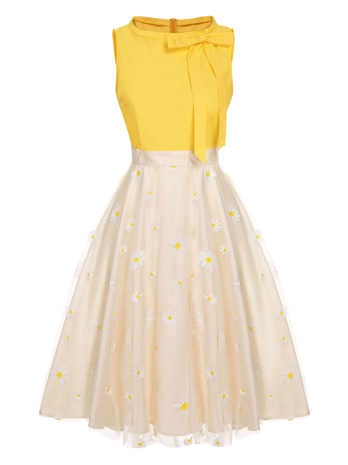 Gelbes 1950er Daisy Bowtie Patchwork Kleid