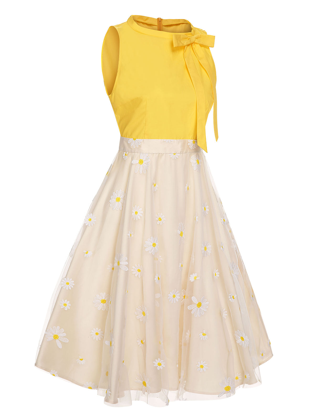 Gelbes 1950er Daisy Bowtie Patchwork Kleid