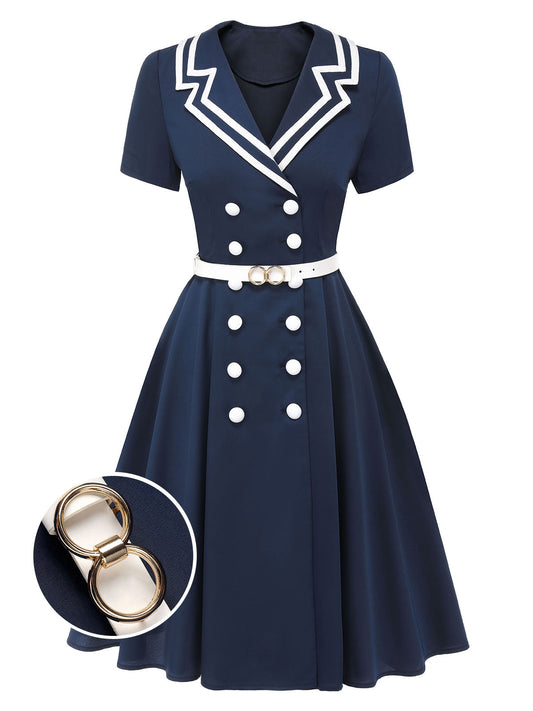 Dunkelblau 1950er Sailot Style Zweireihiges Kleid