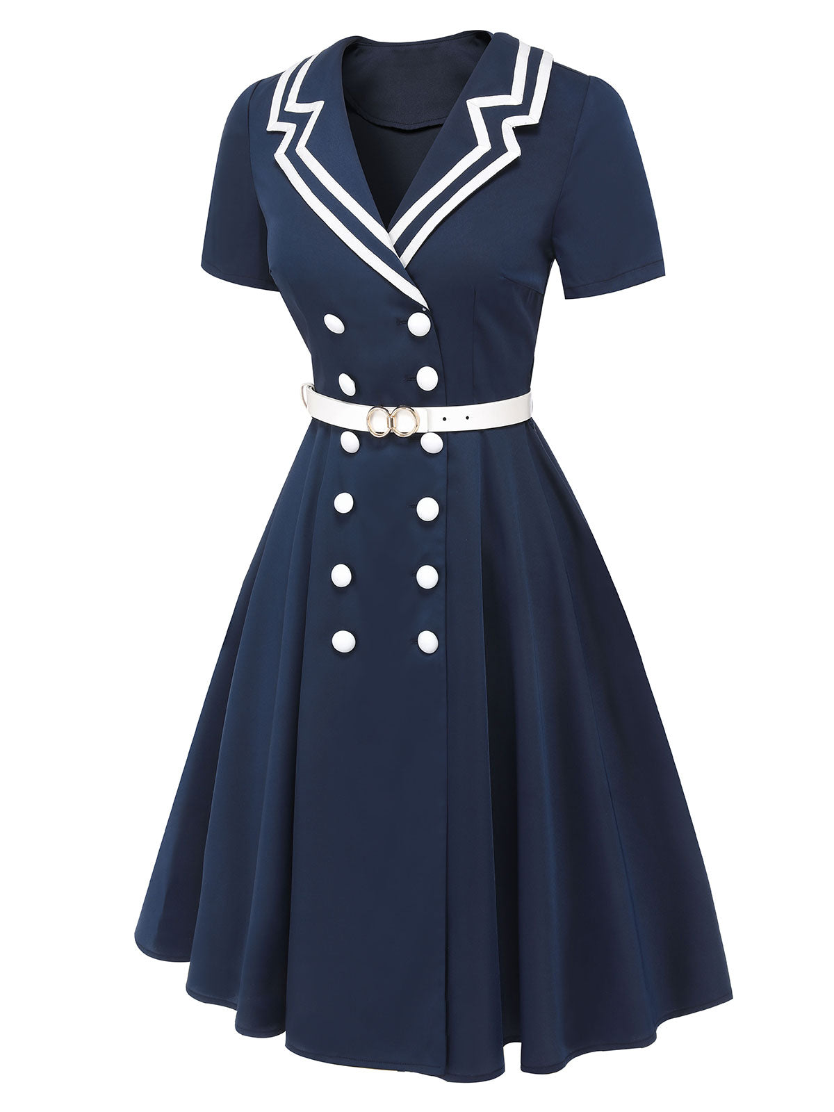 Dunkelblau 1950er Sailot Style Zweireihiges Kleid