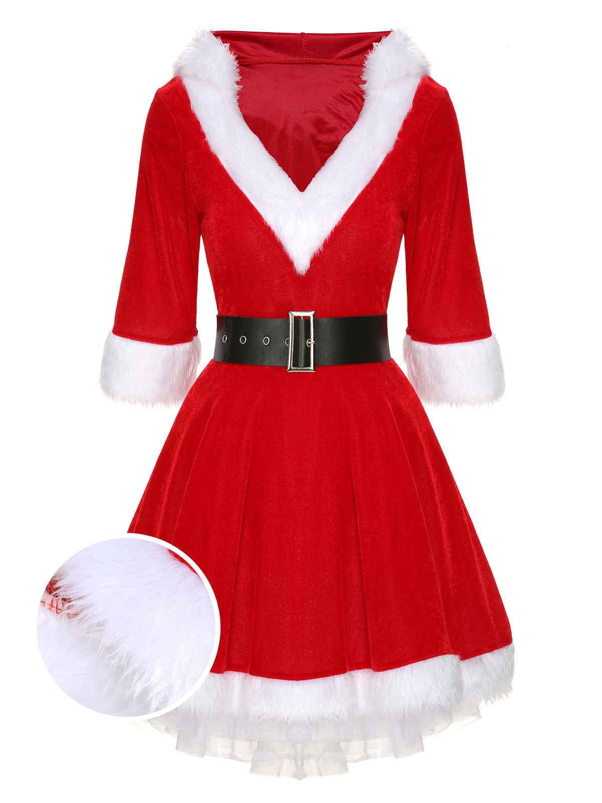 Grün Weihnachten Kapuze Santa Claus Roher Saum Gürtel Kleid