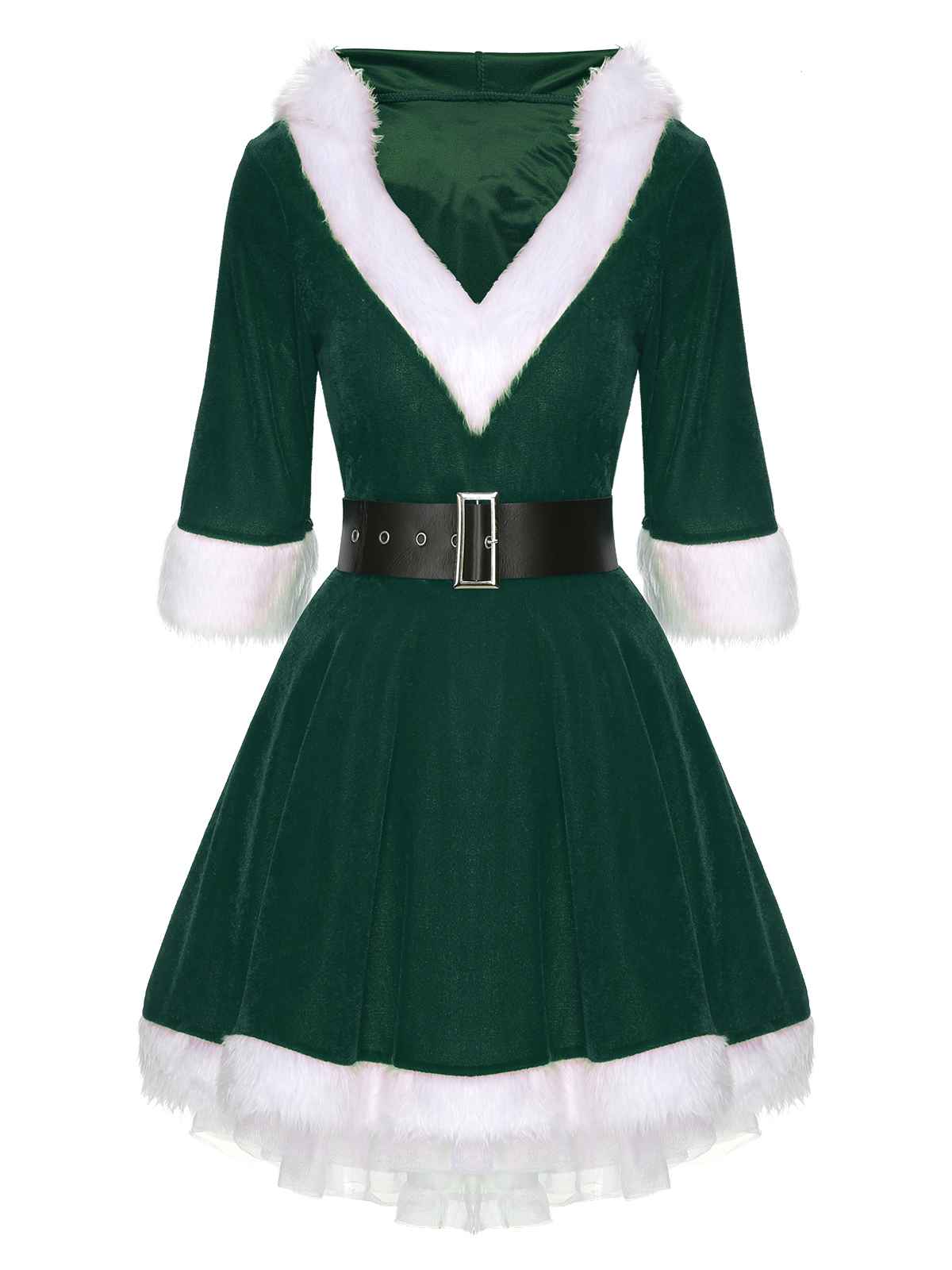 Grün Weihnachten Kapuze Santa Claus Roher Saum Gürtel Kleid