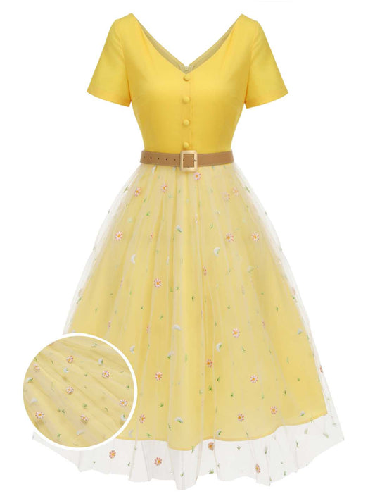 Gelb 1950er V-Ausschnitt Daisy Mesh Kleid