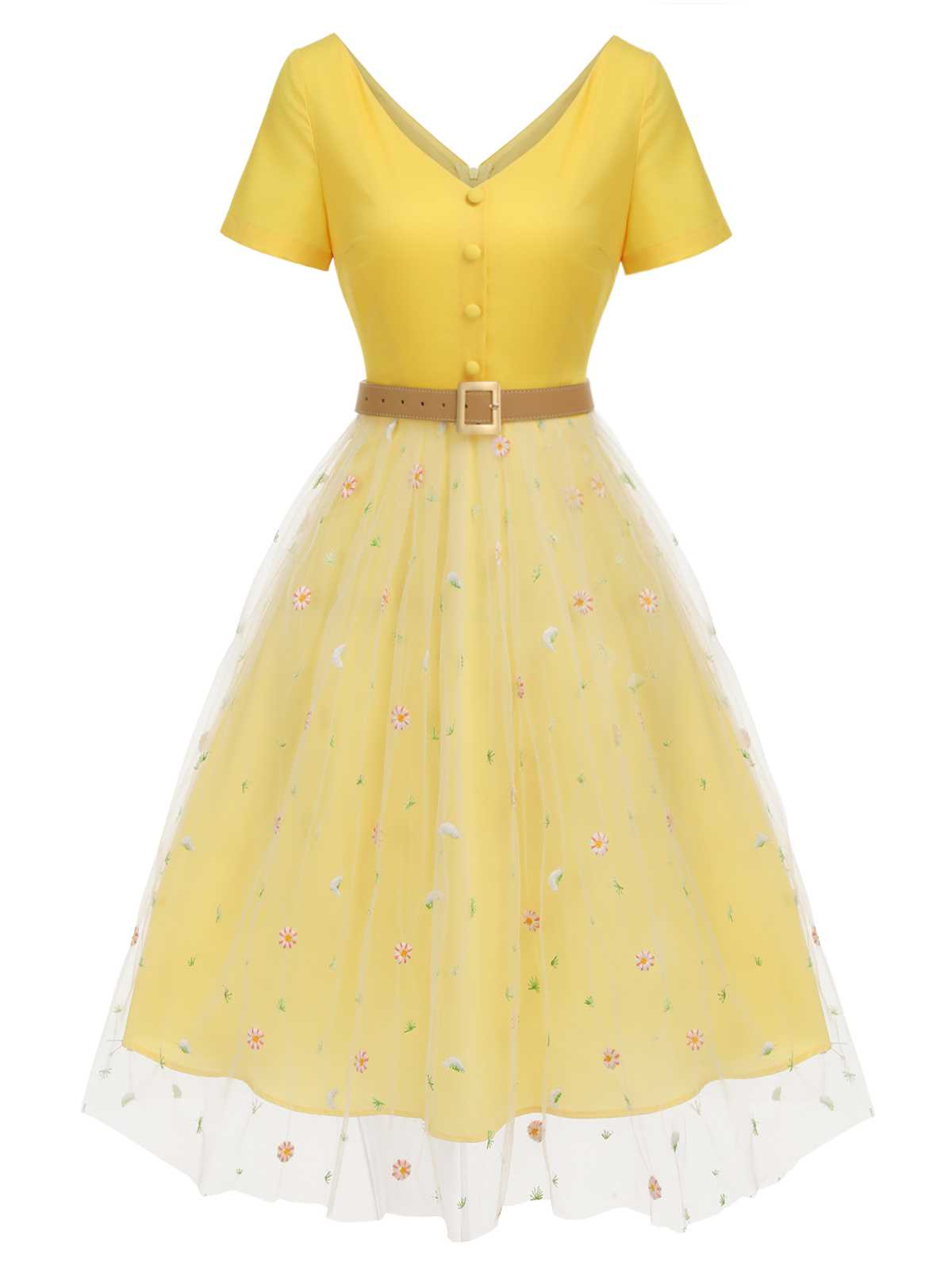 Gelb 1950er V-Ausschnitt Daisy Mesh Kleid