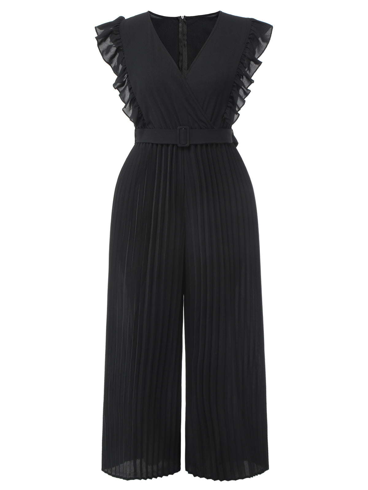 [Übergröße] Schwarz 1930er Rüsche V-Ausschnitt Plissee Jumpsuit