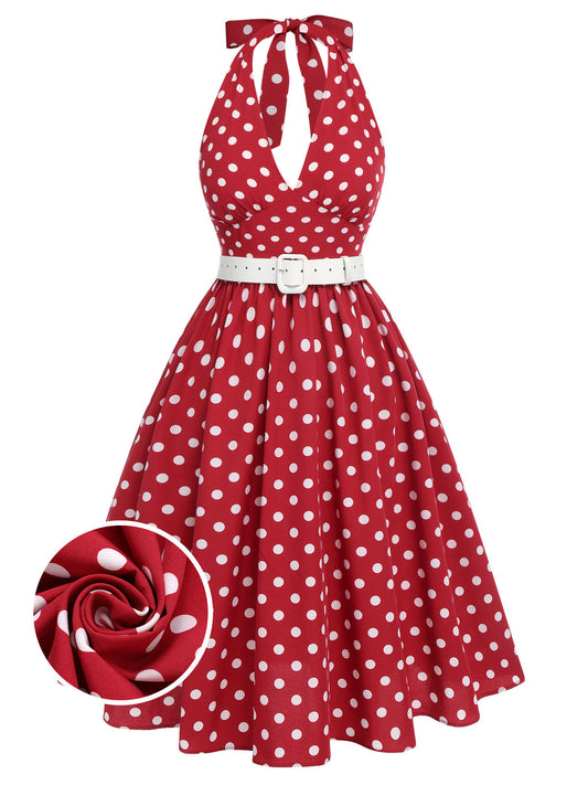 Rot 1950er Polka Dot Halter Kleid