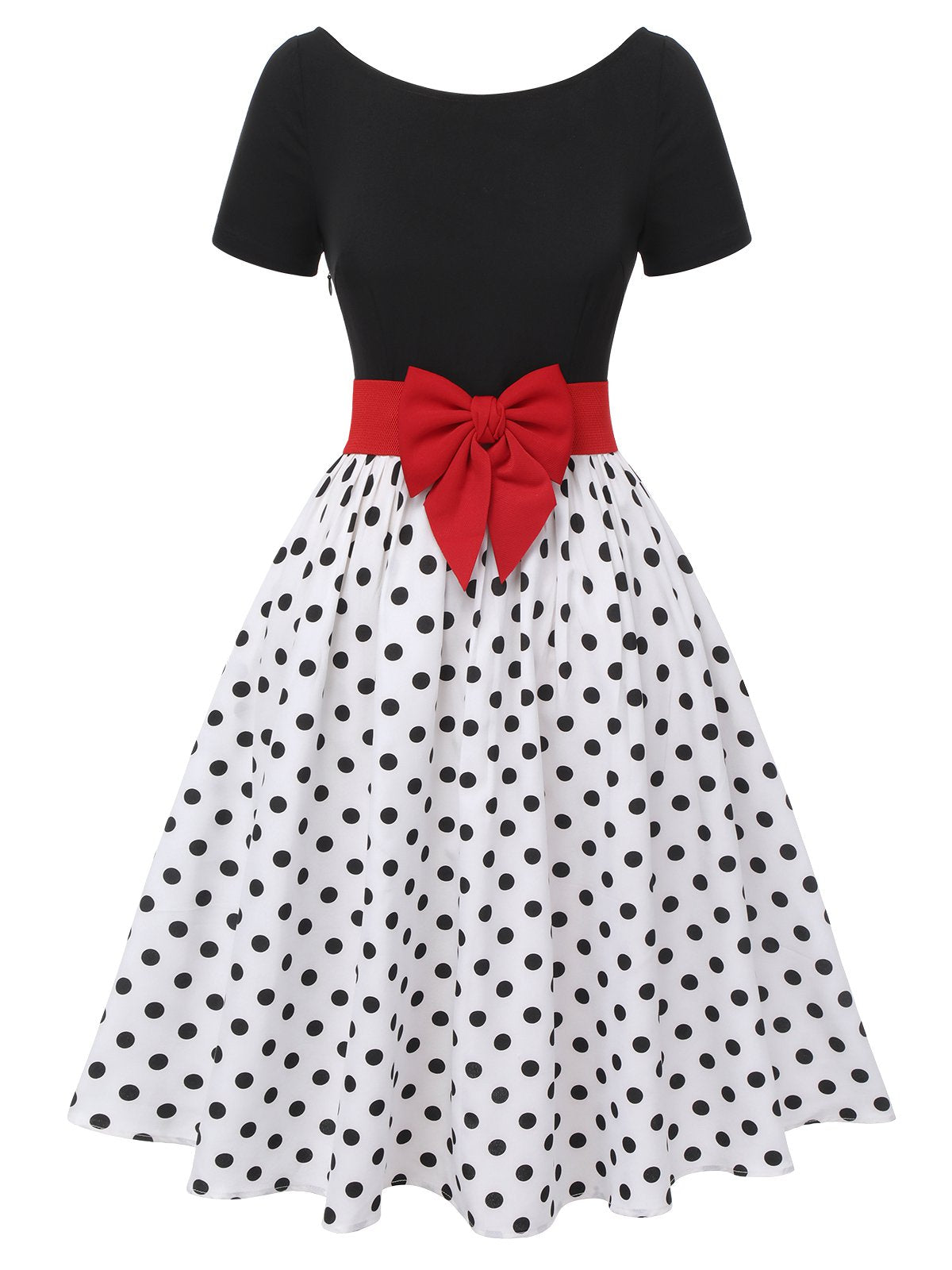 Schwarz 1950er Polka Dots Bootskragen Kleid