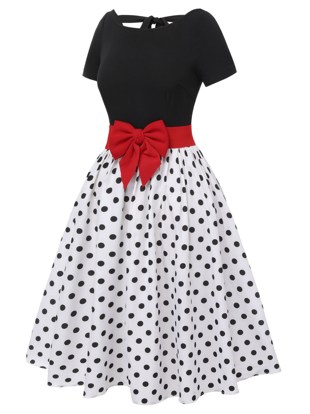 Schwarz 1950er Polka Dots Bootskragen Kleid