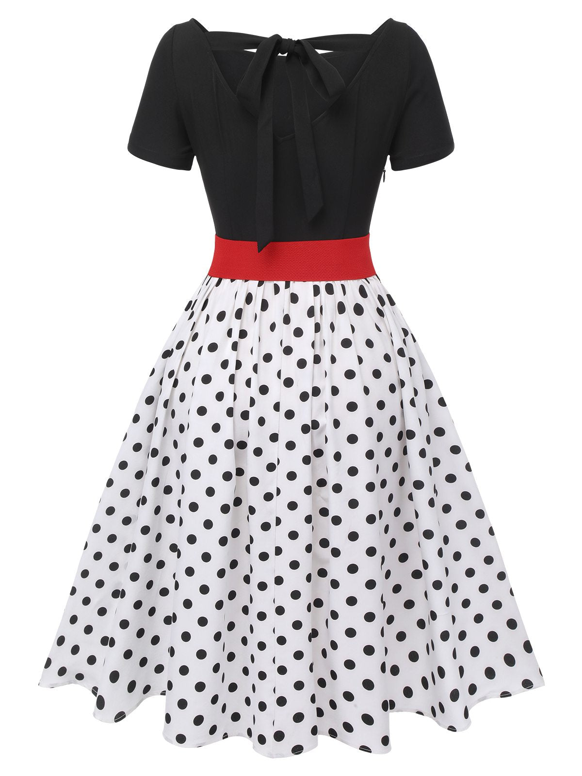 Schwarz 1950er Polka Dots Bootskragen Kleid