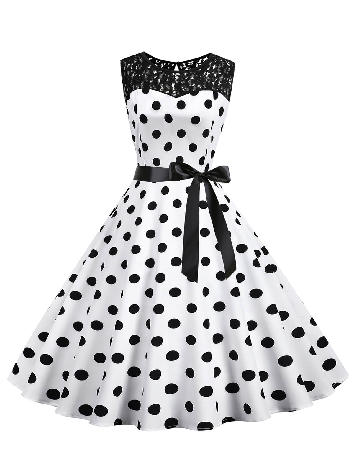 Weiß 1950er Polka Dot Spitze Patchwork Kleid