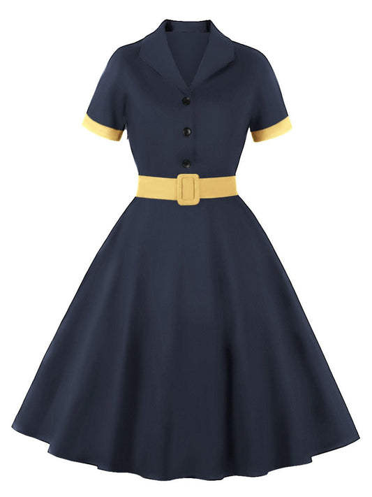 1950er Retro  Kontrast kurze Ärmel Revers Kleid