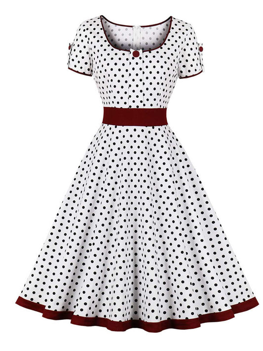 1950er Kontrast Polka Dot Geknöpftes Kleid