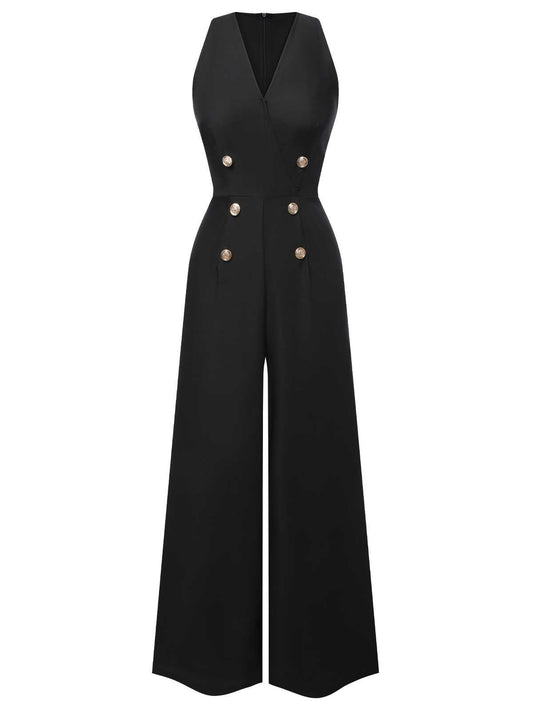 Schwarz 1950er Ärmellos Geknöpft Solide Jumpsuit