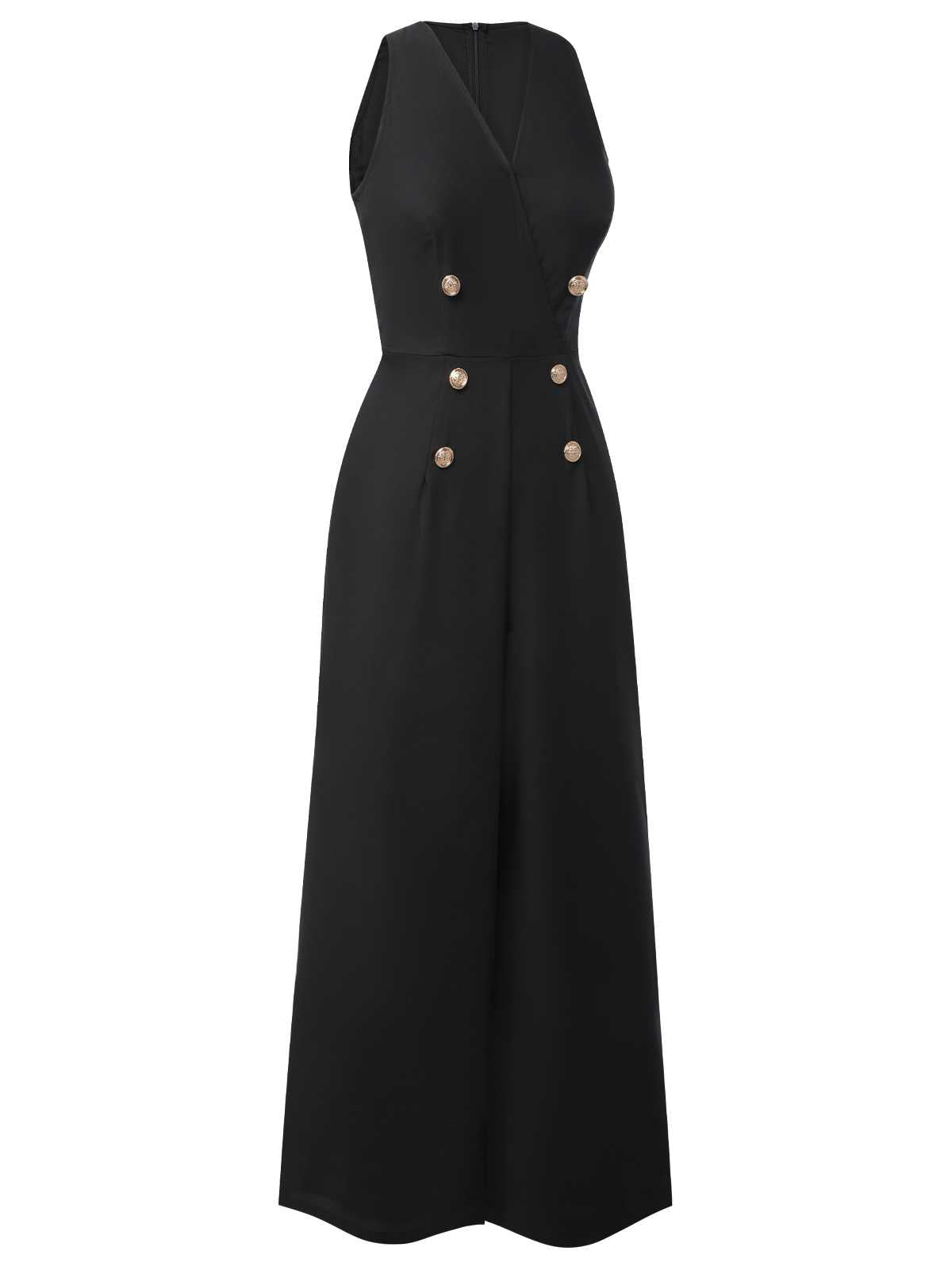 Schwarz 1950er Ärmellos Geknöpft Solide Jumpsuit