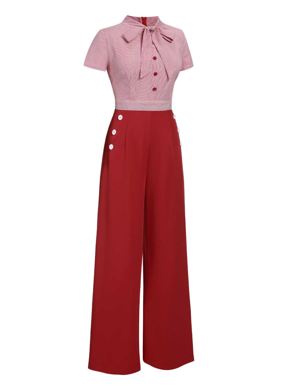 Rot 1940er Binden Kragen Streifen Jumpsuit