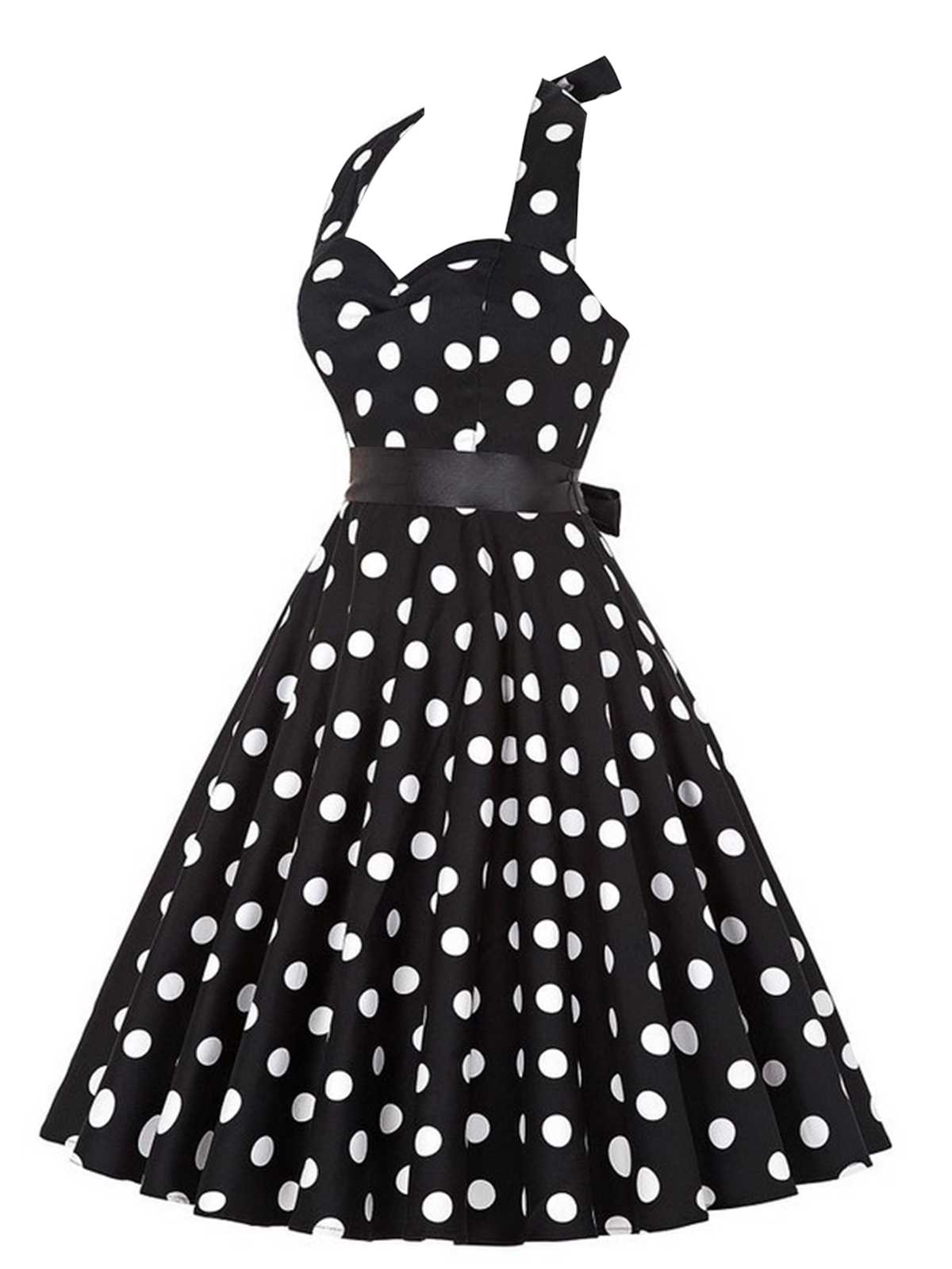 1950er Halter Kontrast Polka Dots Kleid mit Gürtel