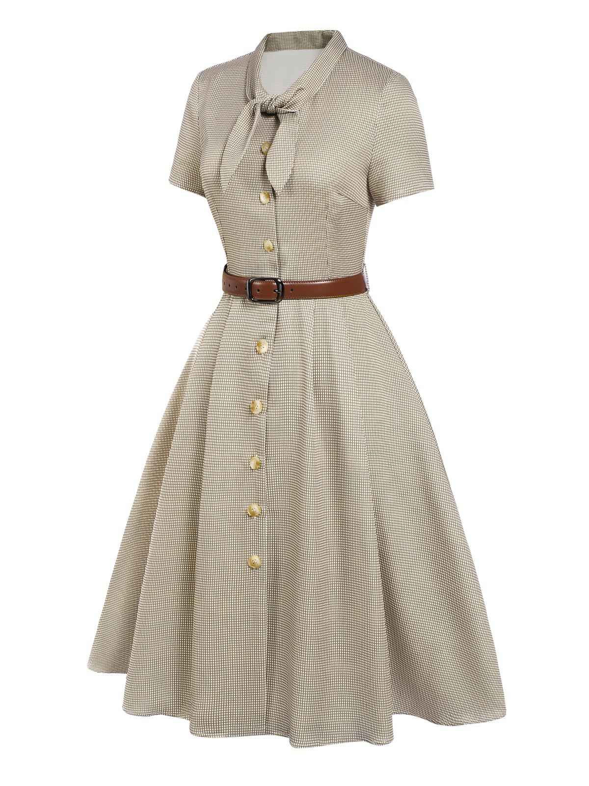 Braun 1940er Kleines Fensterkaro Plaid Kleid