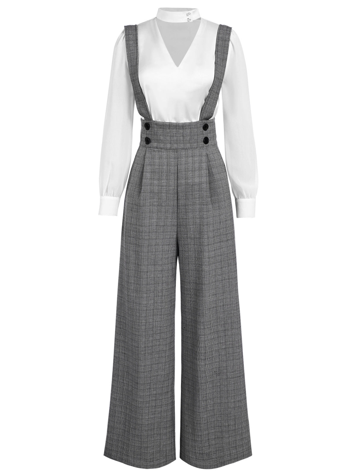 2PCS 1940er Satin Puffärmel Bluse & Glen Plaid Overall Hose