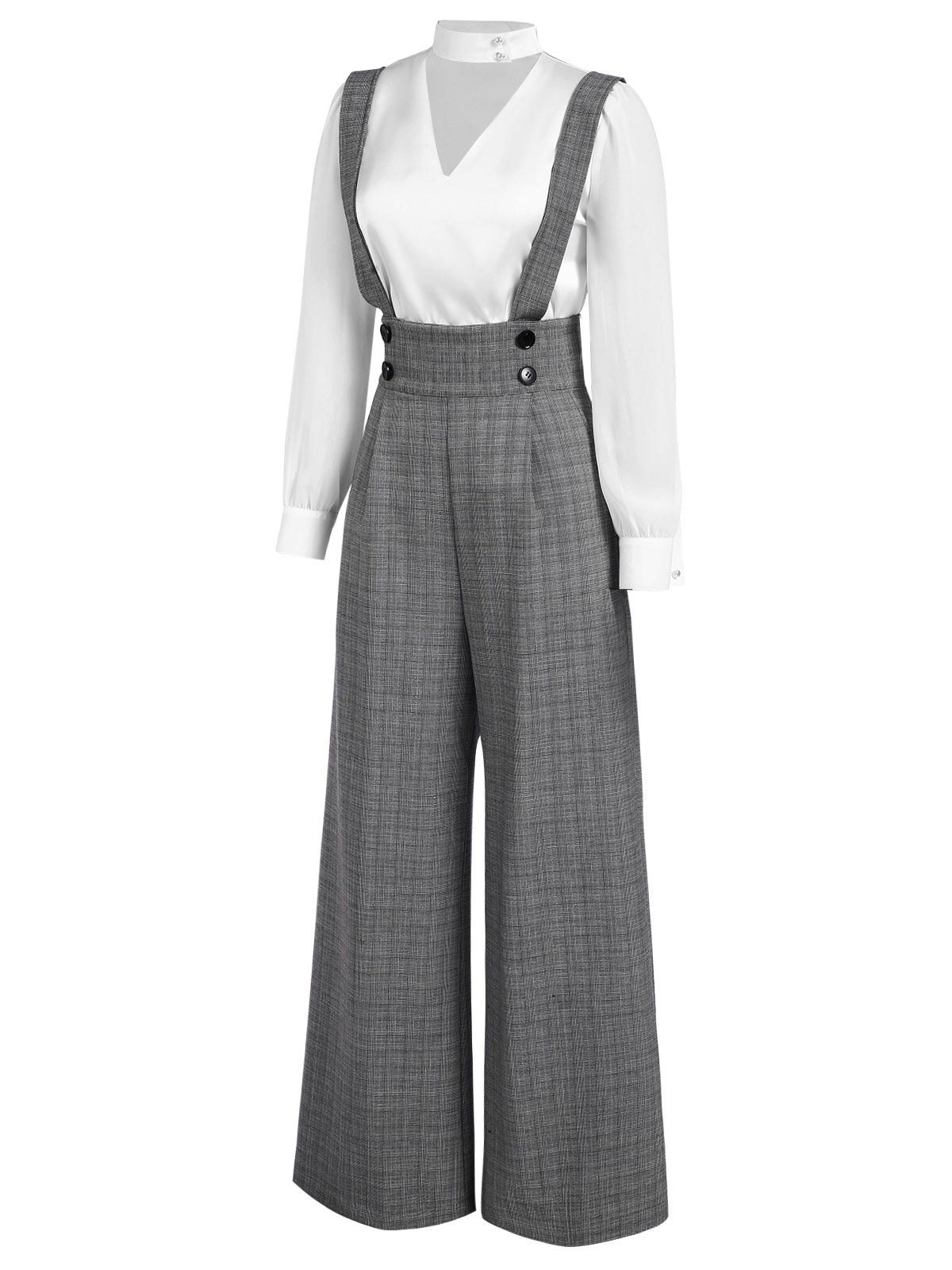 2PCS 1940er Satin Puffärmel Bluse & Glen Plaid Overall Hose