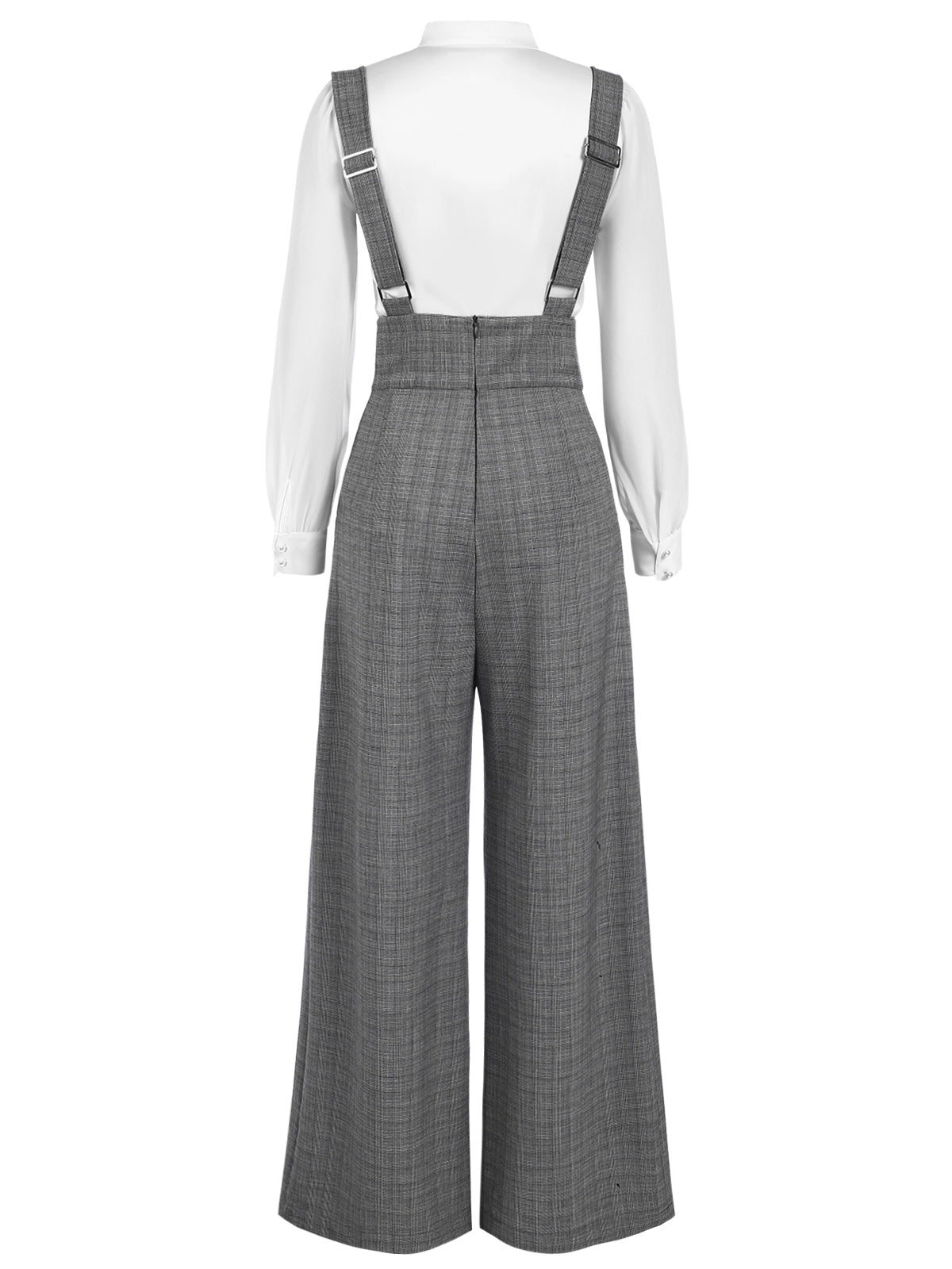 2PCS 1940er Satin Puffärmel Bluse & Glen Plaid Overall Hose