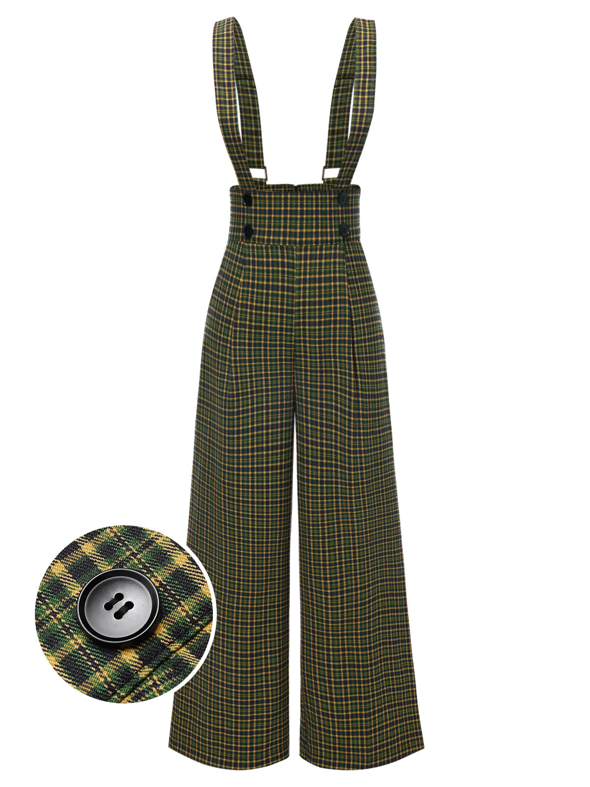 2PCS 1940er Satin Puffärmel Bluse & Glen Plaid Overall Hose