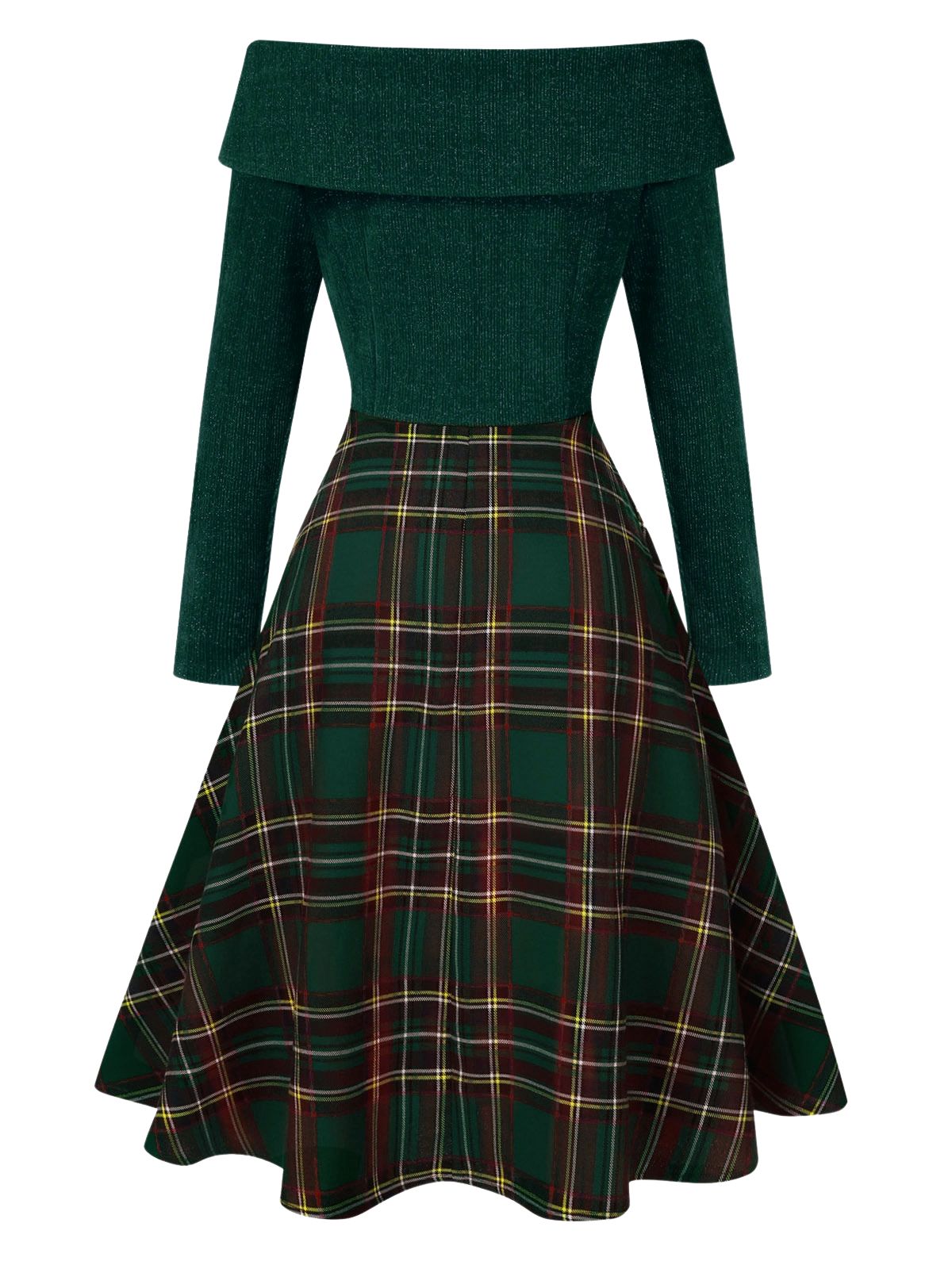 Grün 1950er Weihnachten Schulterfrei Tartan Kleid