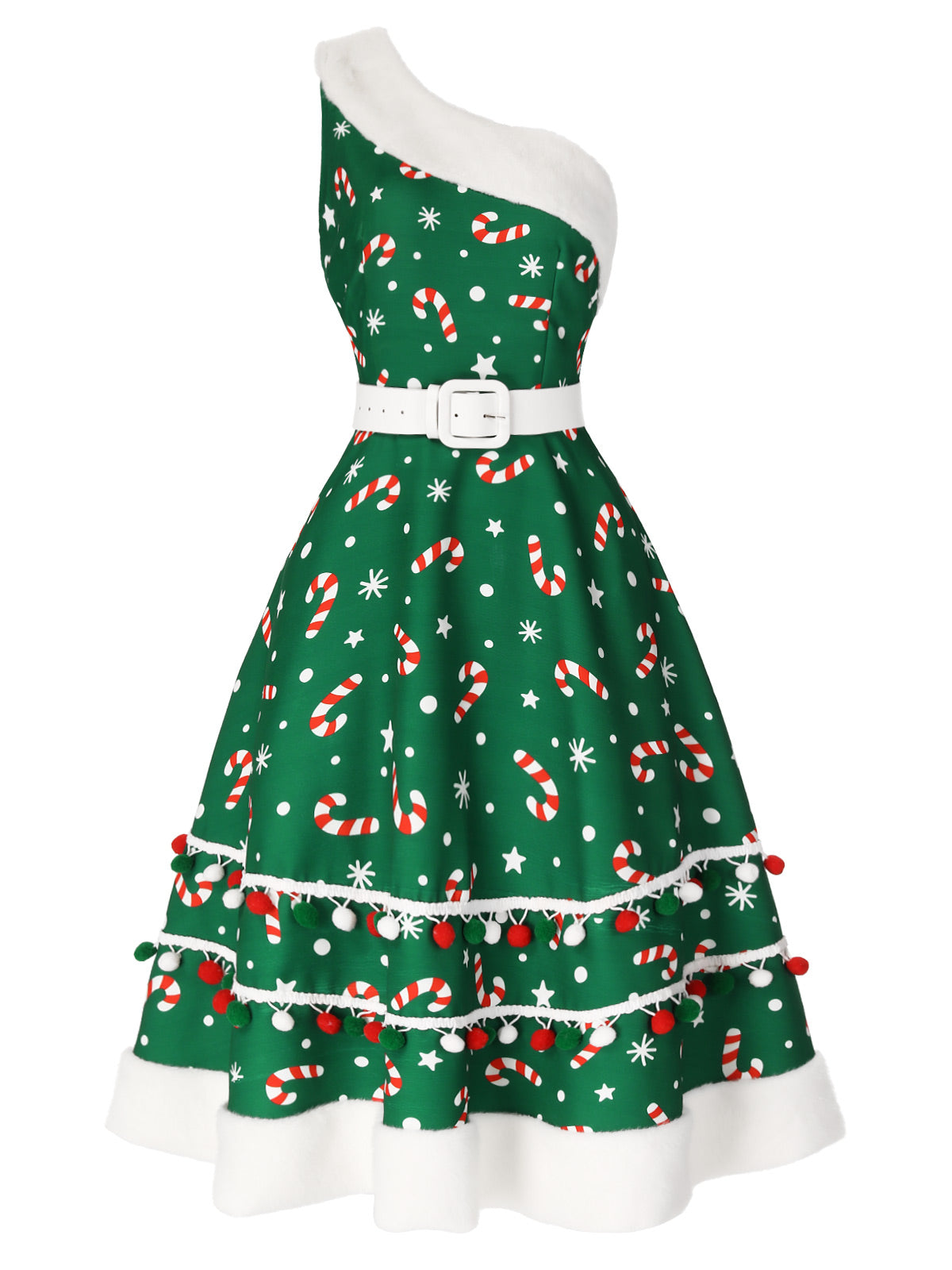 Grün 1950er Weihnachtskleid Süßigkeiten Eine Schulter Kleid