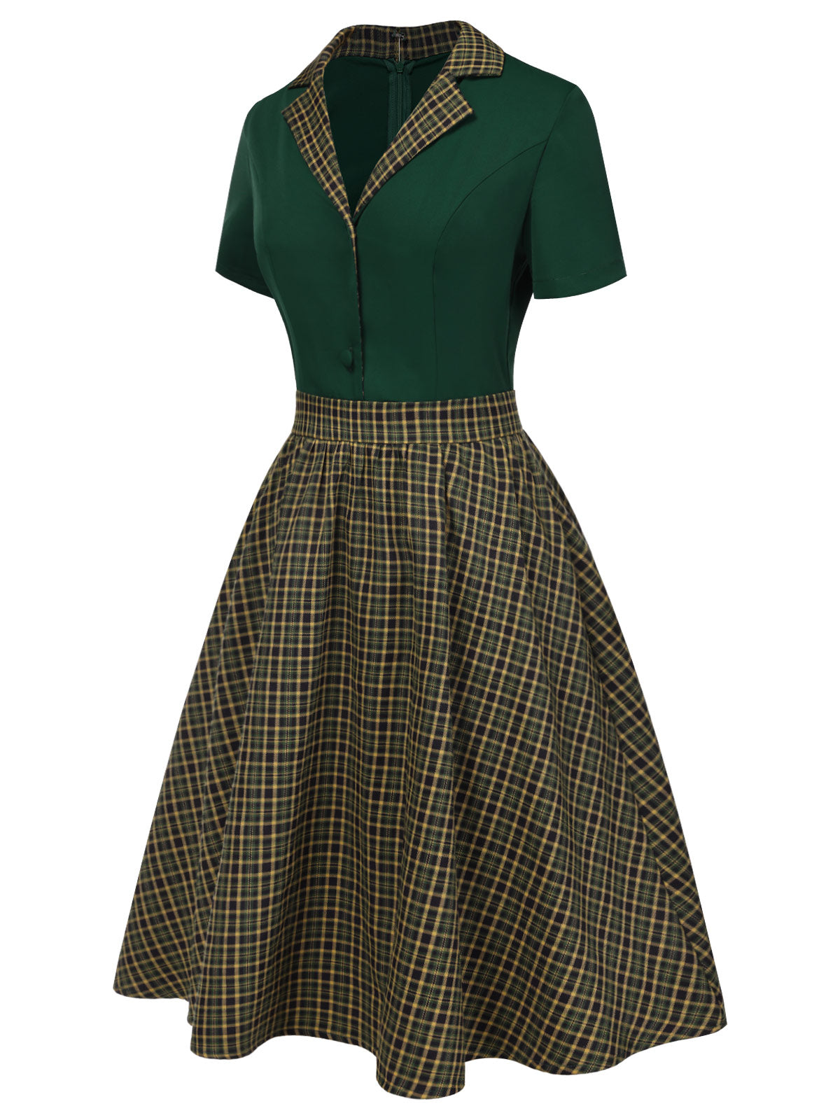 Grün 1950er Plaid Patchwork Revers Kleid