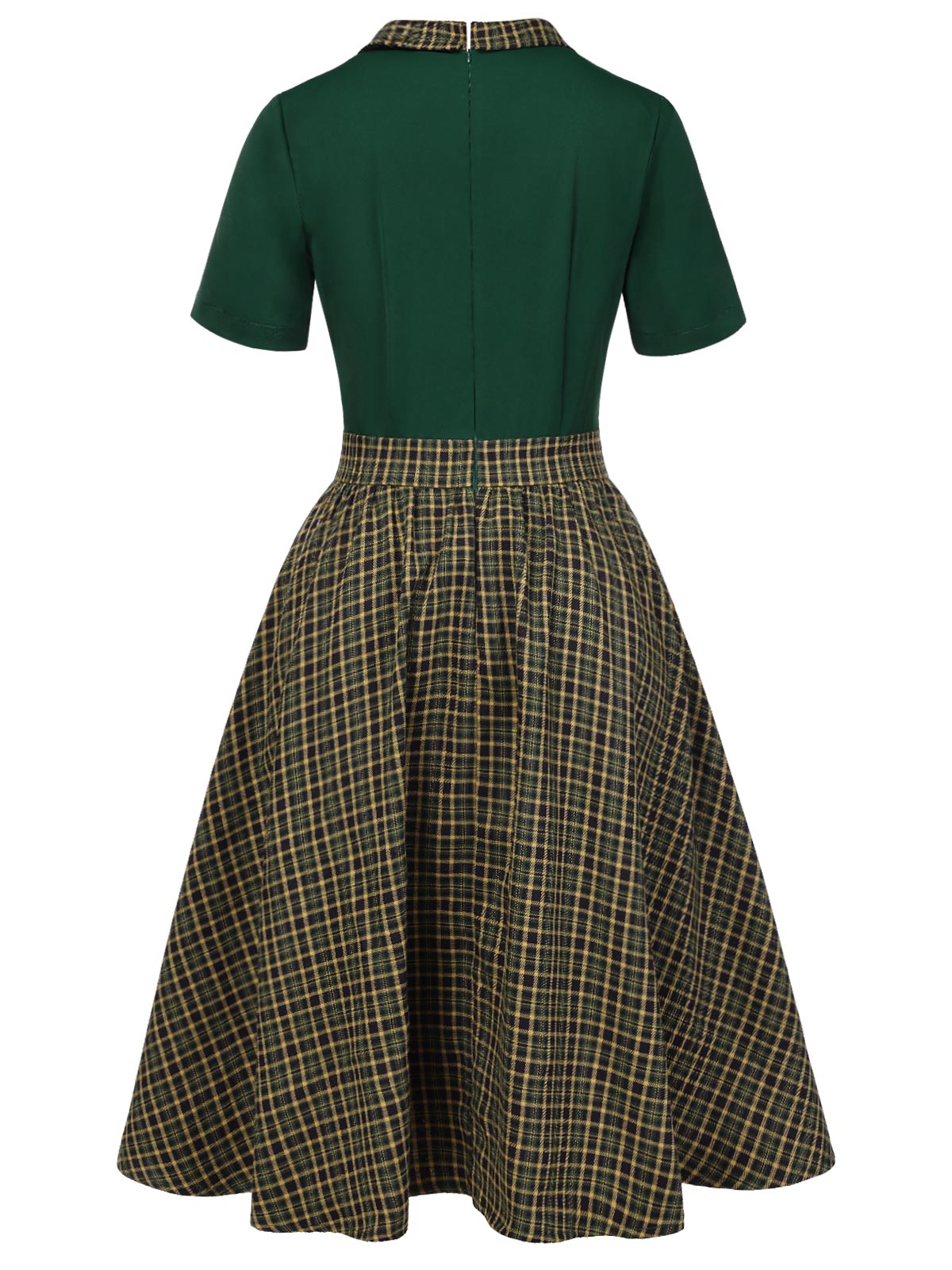 Grün 1950er Plaid Patchwork Revers Kleid