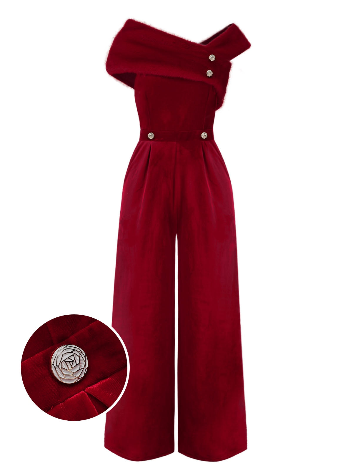 Rot 1950er Samt Schulterfrei Taste Jumpsuit