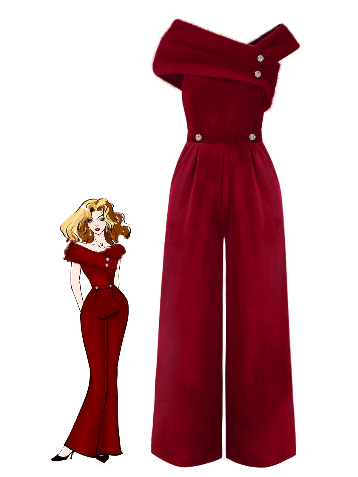 Rot 1950er Samt Schulterfrei Taste Jumpsuit