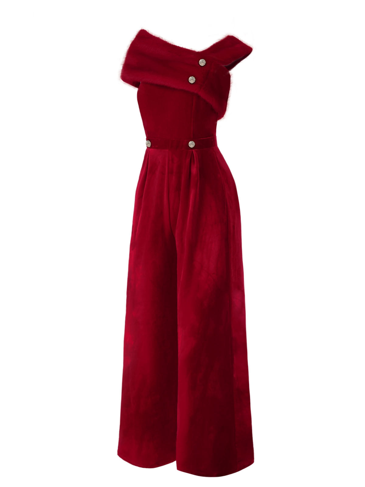 Rot 1950er Samt Schulterfrei Taste Jumpsuit