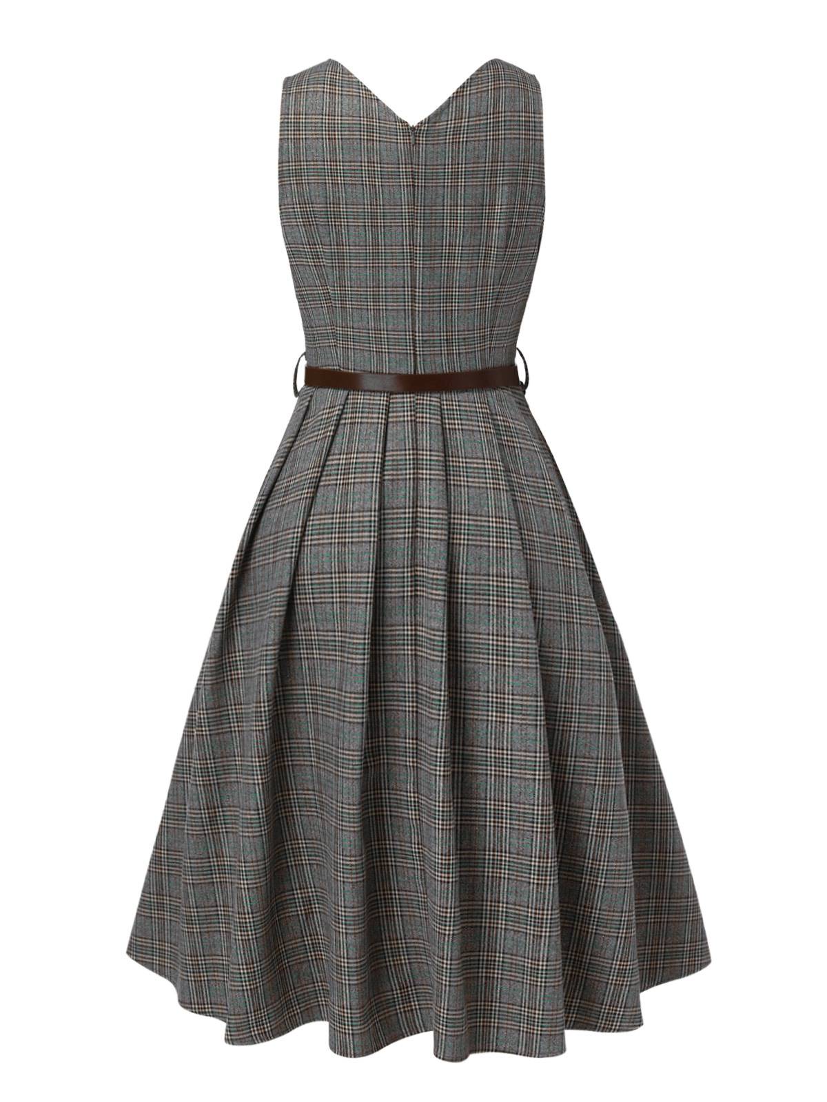 2PCS Grau 1940er V-Ausschnitt Plaid Kleid & Satin Bluse