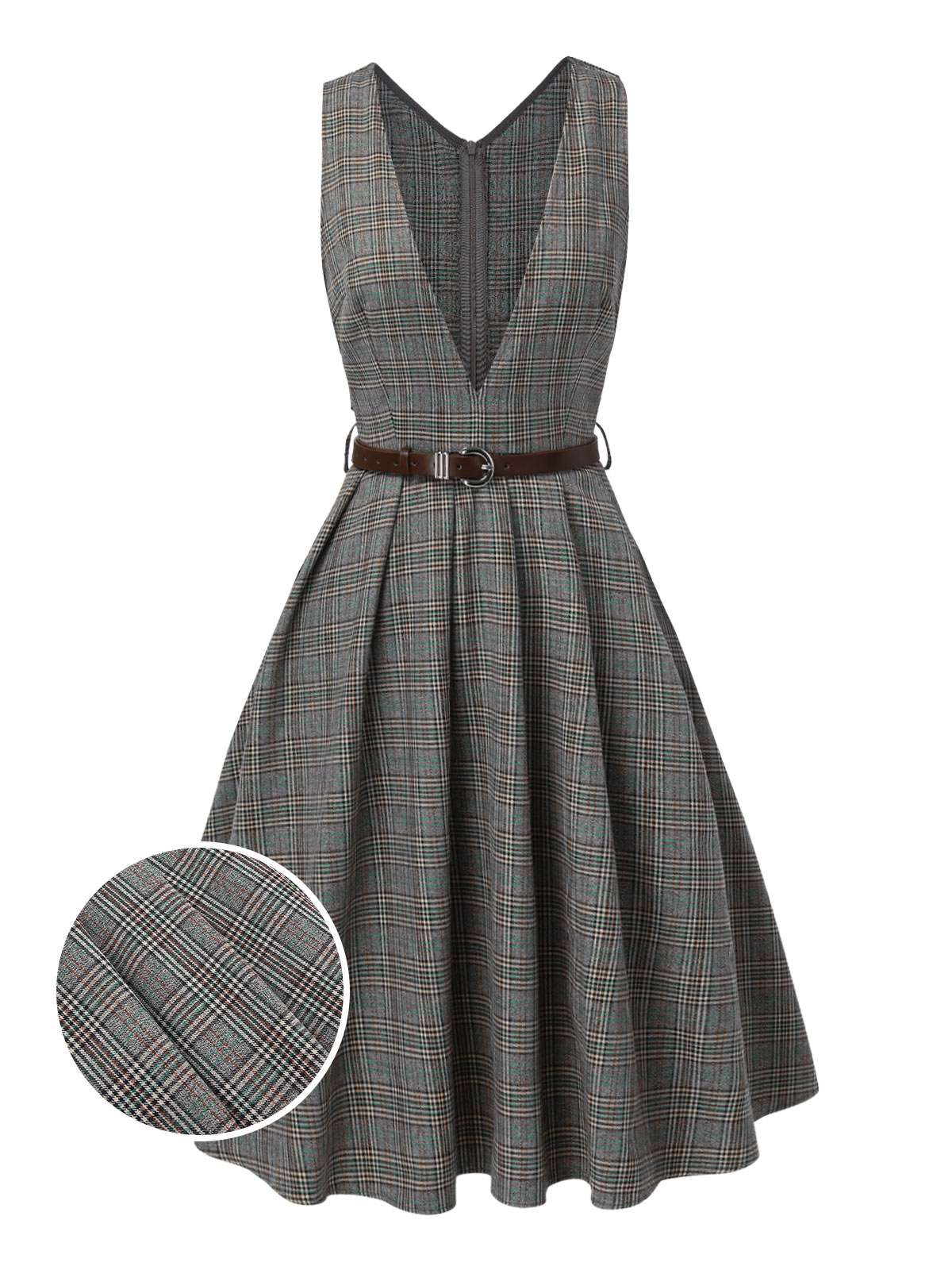 2PCS Grau 1940er V-Ausschnitt Plaid Kleid & Satin Bluse