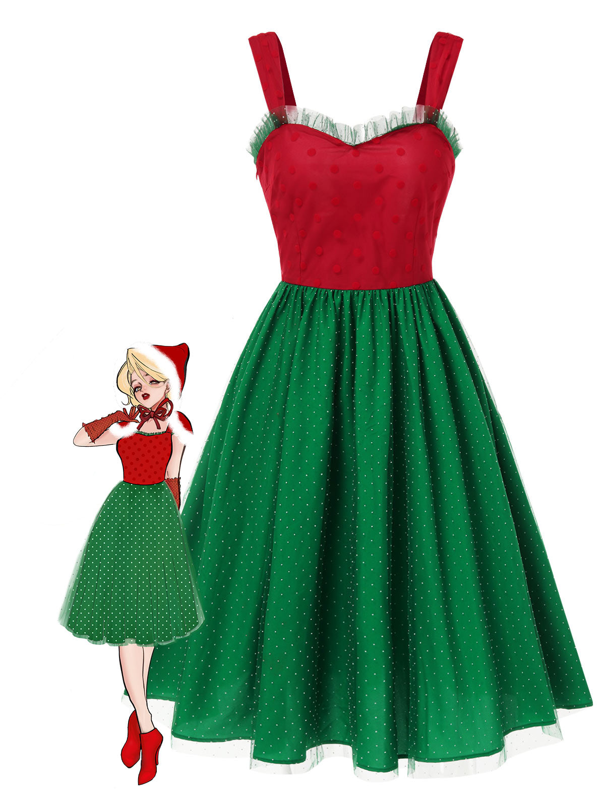 Rot & Grün 1950er Weihnachten Polka Dots Kleid